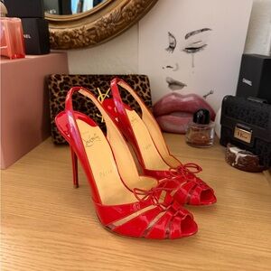 Christian Louboutin Corsetica patent red sling back pumps 37.5